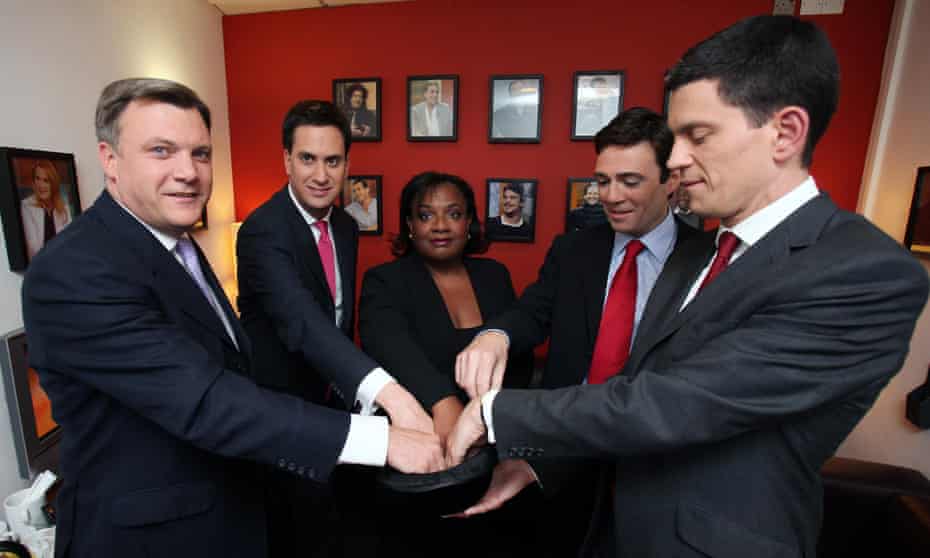 From left: Ed Balls, Ed Miliband, Diane Abbott, Andy Burnham and David Miliband draw lots ahead of a Labour leadership debate on the BBC in 2010.