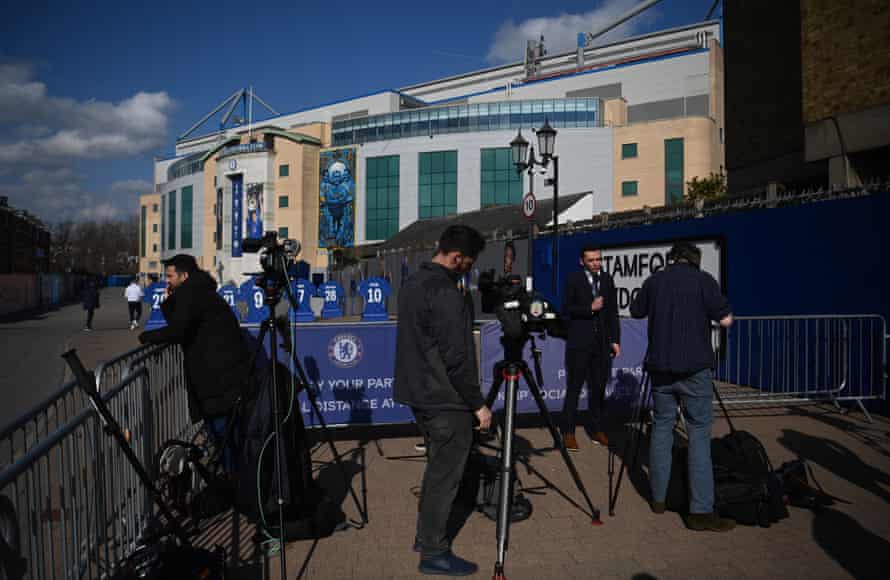 The media gather outside Stamford Bridge, west London, on 10 March