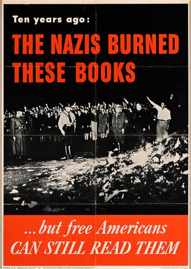 A black-and-white poster with red text