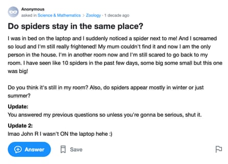 A screengrab from a Yahoo! Answers page asking: Do spiders stay in the same place?