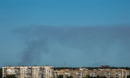 Smoke rising above the town of Shebekino, in Belgorod region, on Sunday.