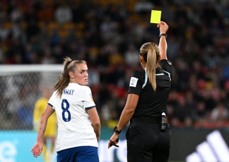 England’s Georgia Stanway is shown a yellow card.
