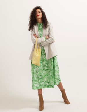 model wears dress, £215, ganni.com. Blazer, £55, weekday.com. Boots, £99.99, zara.com. Bag, £265, by TL180, from harveynichols.co.uk.