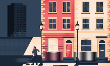 Illustration of man sweeping street in front of smart houses with Grenfell Tower in the distance