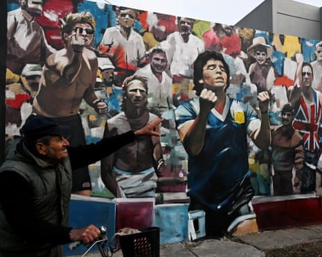 A mural in Buenos Aires depicts Diego Maradona during Argentina’s win over England at the 1986 World Cup
