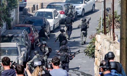 Israeli security forces during clashes with Palestinian protesters in the Wadi Joz neighbourhood in East Jerusalem.