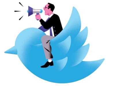 Illustration of man with megaphone and purple face on blue Twitter logo bird