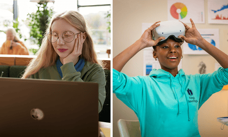 Student using laptop; student with VR glasses