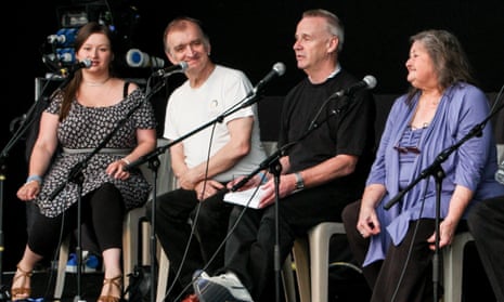 Colin Irwin, Eliza Carthy, Martin Carthy and Norma Waterson at the Cambridge folk festival, 2009