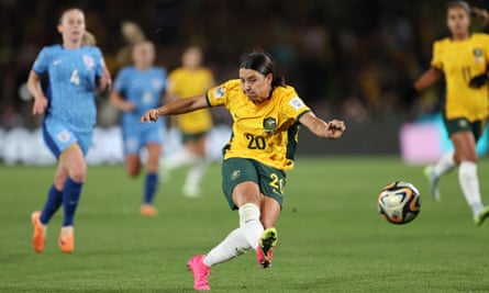 Sam Kerr unleashes the shot that drew Australia level.