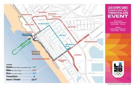 A map of the Venice Beach course for the womenâÂÂs and menâÂÂs individual triathlon events at the 2028 Los Angeles Olympics. The course features a 1,500m swim, 40km bike ride and 10km run.