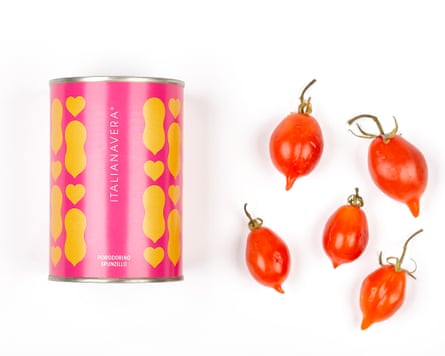 A tin of tomatoes next to five tomatoes on a white worktop