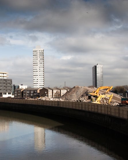 View of two tower blocks with demolition in the foreground
