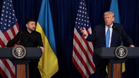 Volodymyr Zelenskyy and Donald Trump during a press conference at the US president’s Mar-a-Lago club, in Palm Beach, Florida, on 28 December 2025.