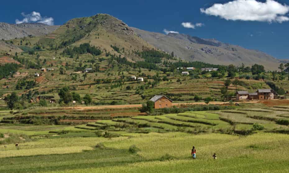 Houses and rice paddies in the central highlands of Madagascar.