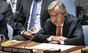 UN secretary general António Guterres addresses the security council meeting on Myanmar.
