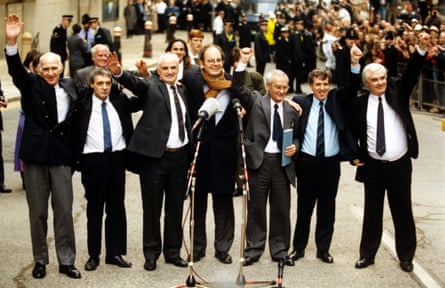 The released Birmingham Six, with Chris Mullin MP in the centre, at the Old Bailey, London, in March 1991.