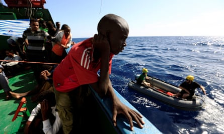 People onboard the Iuventa after being rescued off the Libyan coast, September 2016.