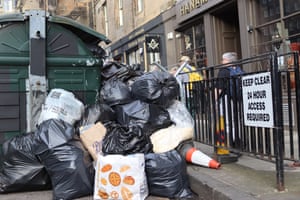 Edinburgh, Scotland. Rubbish piles up in the city centre as the council staff strike continues
