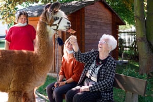 A patient smiles at a llama