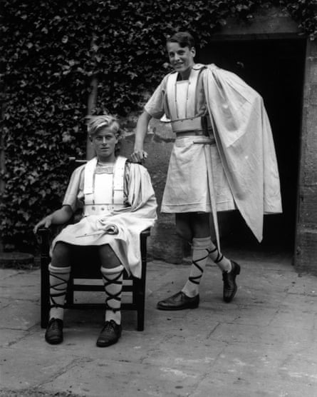 Prince Philip of Greece, seated, in costume for a school production of Macbeth at Gordonstoun, 1935.