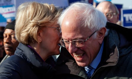 Elizabeth Warren laughs with Bernie Sanders in Columbia, South Carolina last month.
