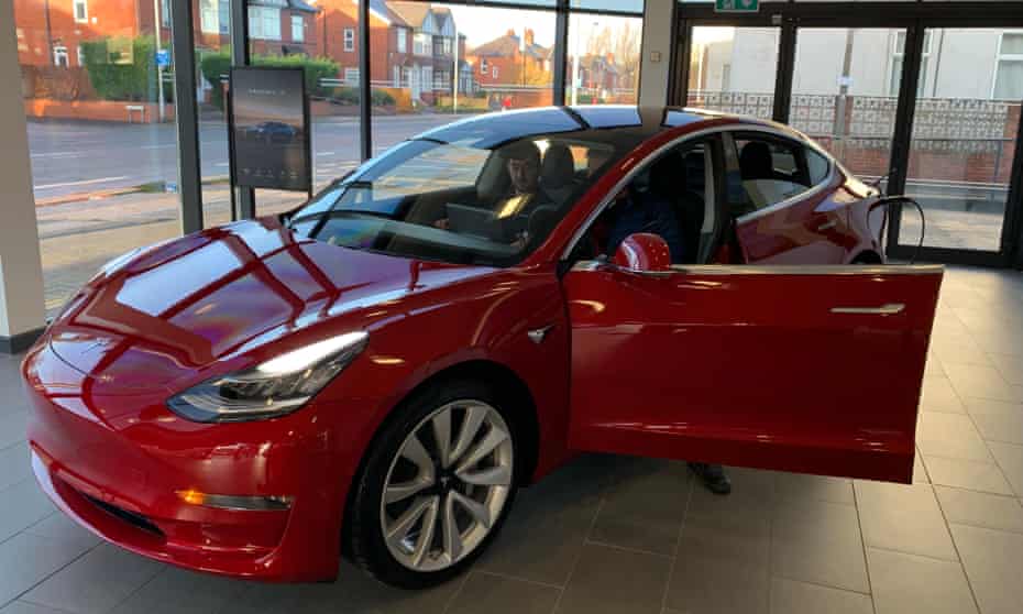 The Tesla Model 3 car on display at the Manchester showroom