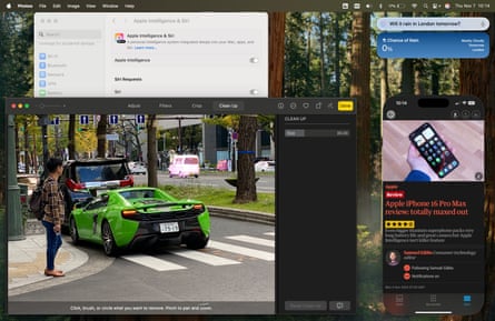 Screenshot of Apple Intelligence and iPhone Mirroring features of macOS 15.1 running on a MacBook Pro M4.