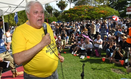 Clive Palmer at the sister rally in Brisbane’s Botanical Gardens.