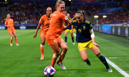 Kosovare Asllani goes past Netherlands defender Desiree van Lunteren during the semi-final.