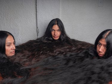 Table of Hair (from the series Las Pelilargas), 2024Irina Werning arranged her sitters’ hair across a table in Octavalo, Ecuador, where Kichwa men keep their hair unshorn as a symbolic link to their ancestors and an extension of the self. The central figure looks out at the viewer, perhaps in resistance to the history of forced haircutting during the Spanish Inquisition. Inspired by Indigenous communities in her homeland, Argentinian photojournalist Werning has been photographing long hair since 2006