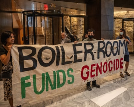 Activists protesting against Boiler Room outside KKR’s offices in Hudson Yards, New York.