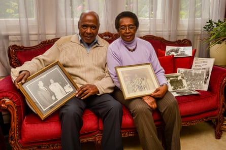Stephenson with his wife, Joyce, and memorabilia of his meetings with Muhammad Ali.