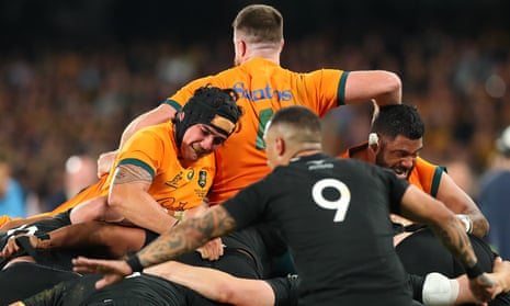 The Wallabies compete in a scrum during a match between Australia and New Zealand on 15 September 2022