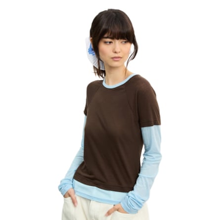 Brown T-shirt with blue long-sleeved shirt underneath