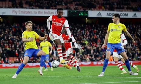 Arsenal’s Eddie Nketiah scores their third goal.