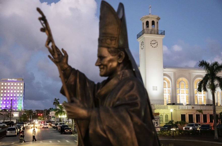 A statue of Pope John Paul II stands outside the island’s main cathedral, Dulce Nombre de Maria Cathedral-Basilica, Hagatna, Guam.
