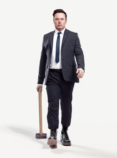 Illustration using a full-length portrait photograph of Elon Musk in a dark suit and tie, white shirt and black DMs, striding towards the viewer holding a gigantic mallet in his right hand, dragging the head on the ground
