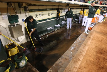 Raw sewage backs up in the Oakland Athletics’ dugout during a September 2013 game against the Los Angeles Angels.