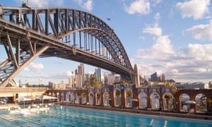 North Sydney Olympic PoolThe public North Sydney Olympic Pool, situated beside the Sydney Harbour Bridge, seen on a cloudy day.