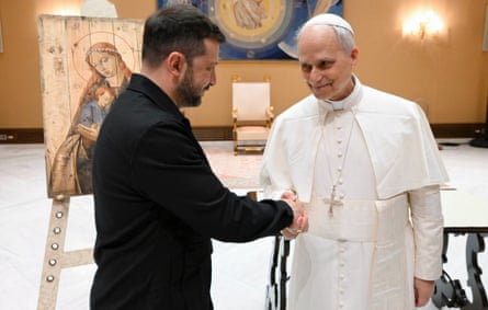 Leo shaking hands with Zelenskyy in St Peter’s Basilica