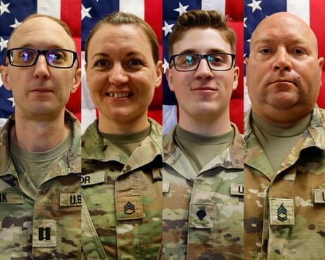 A composite image of four US soldiers, each wearing the same uniform and standing in front of an American flag. Three are smiling.
