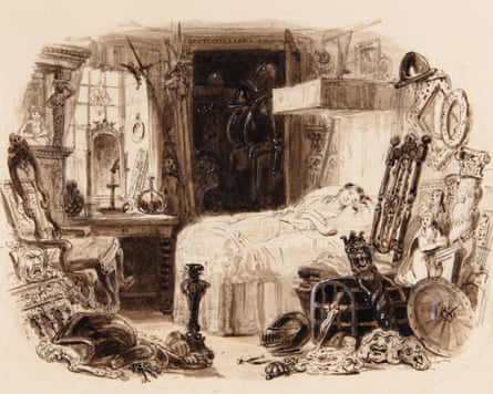 An etching of Little Nell in bed
