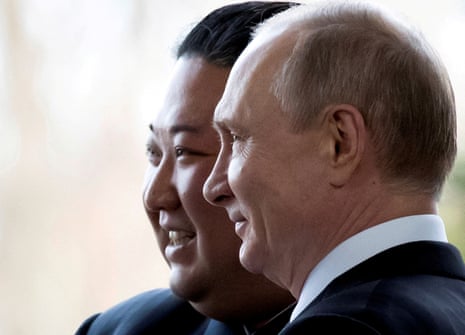 North Korea’s leader Kim Jong-un and Russian president Vladimir Putin  pose for a photo during their meeting in Vladivostok, Russia, in 2019. 