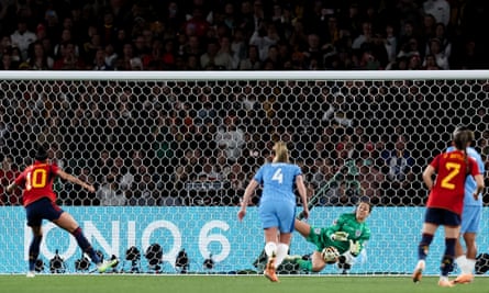 Mary Earps of England saves a penalty from Jenni Hermoso of Spain in the 2023 Women’s World Cup Final, Stadium Australia, Sydney, NSW, Australia, 20 Aug 2023