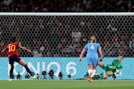 Mary Earps saves a penalty from Jenni Hermoso in the Women’s World Cup final.