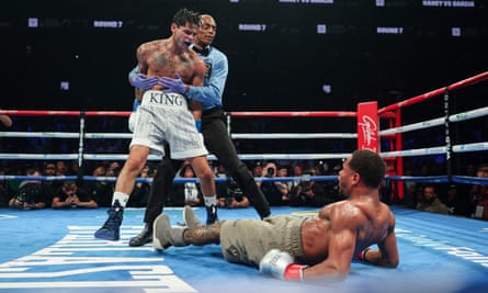 Ryan Garcia knocks down of Devin Haney during their sensational fight in New York last month.