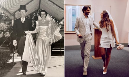 two side by side images: one black and white picture of a groom in tails and a top hat and a bride in a long white dress; another of  couple, the man in a beige suit and the woman in a short white dress and a veil