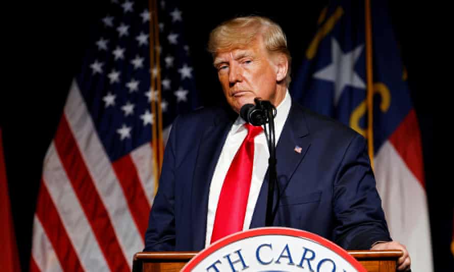 Former U.S. President Donald Trump pauses while speaking at the North Carolina GOP convention dinner in Greenville, North Carolina, U.S. June 5, 2021. REUTERS/Jonathan Drake