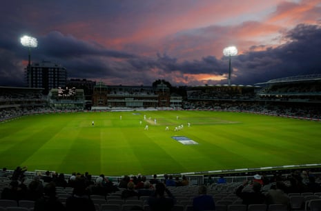 Sunset in the final over of the day during the second day of the England v West Indies third test match at Lord’s.